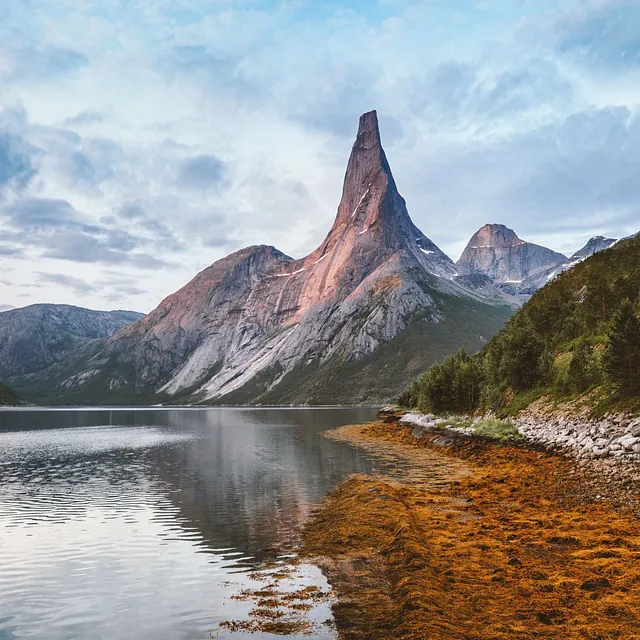 Spisst fjell ved rolig fjord med skogkledd strand og dramatisk himmel